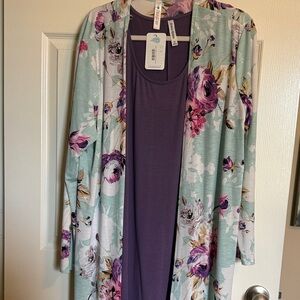 Floral Print Cardigan Set - Purple and Mint